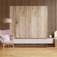 Cabinet designs for living room on wooden wall background,3d rendering