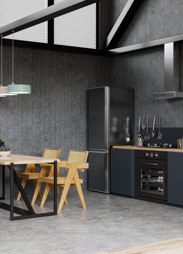 Interior of spacious kitchen with concrete wall.3d rendering