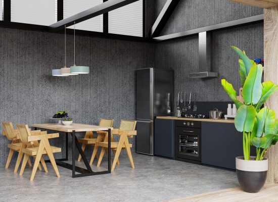 Interior of spacious kitchen with concrete wall.3d rendering